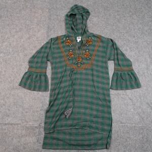 Ivy Jane Dress Womens Small Bell Sleeve Plaid Embroidered Hooded Boho Artsy
